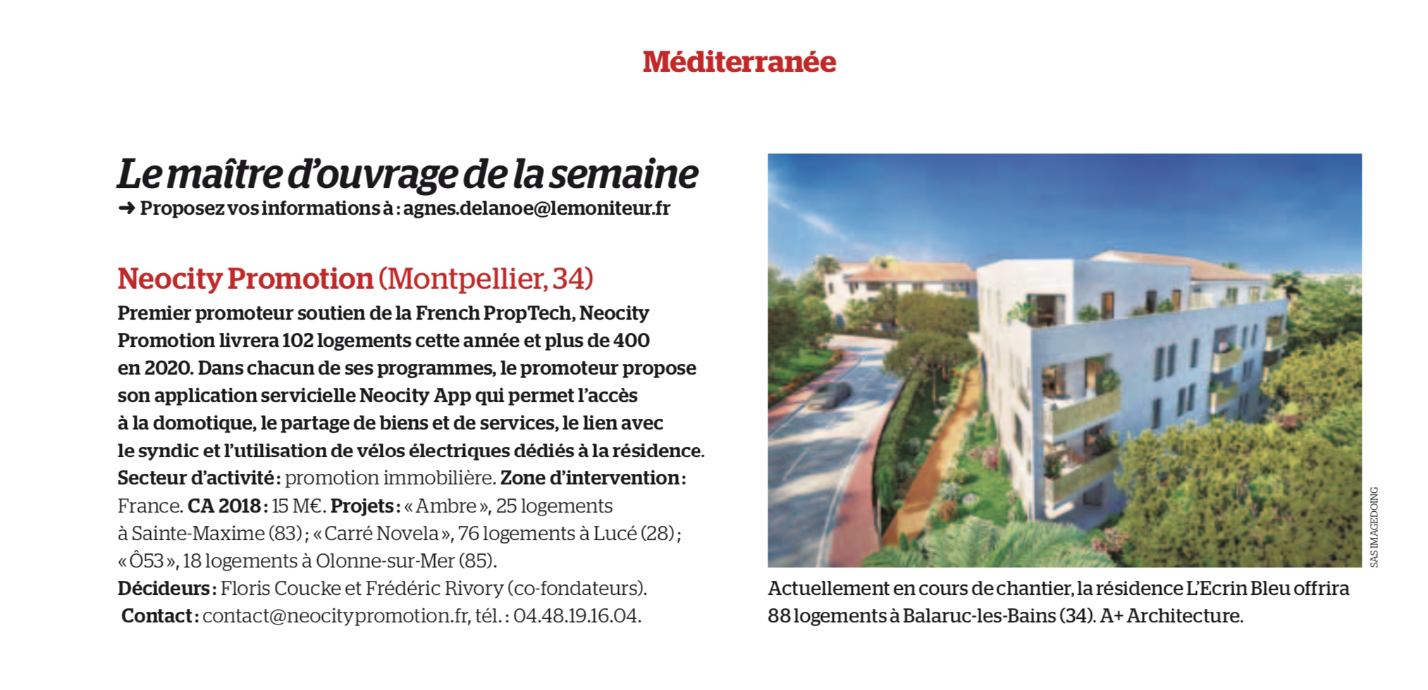 Le Moniteur – NEOCITY Promotion : Maitre d&rsquo;Ouvrage de la semaine