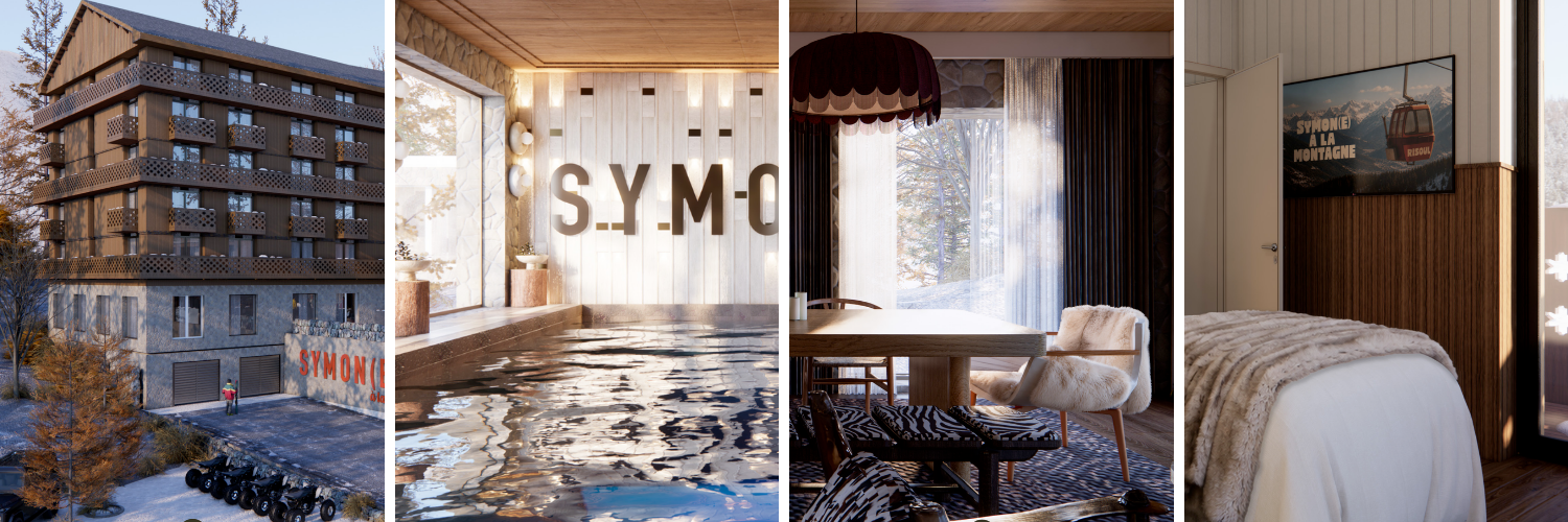 Aperçu du futur Hôtel Symon(e) à Risoul 1850 : façade, espace bien-être, espaces de vie et chambre