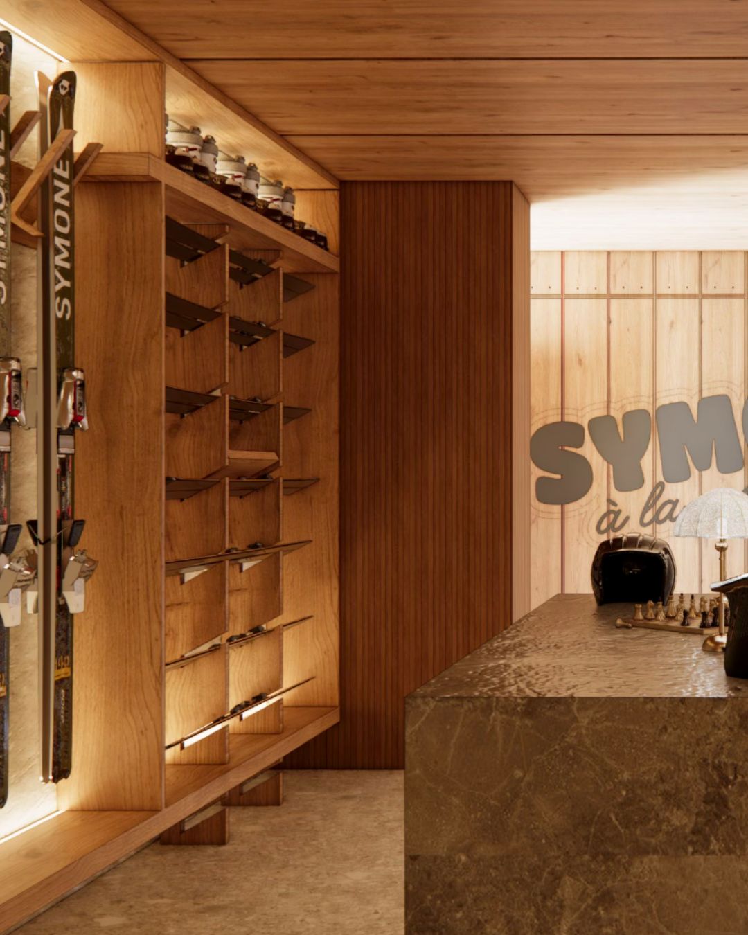 Ski room du futur Hôtel Symon(e) à Risoul 1850 avec espace de rangement pour le matériel de ski