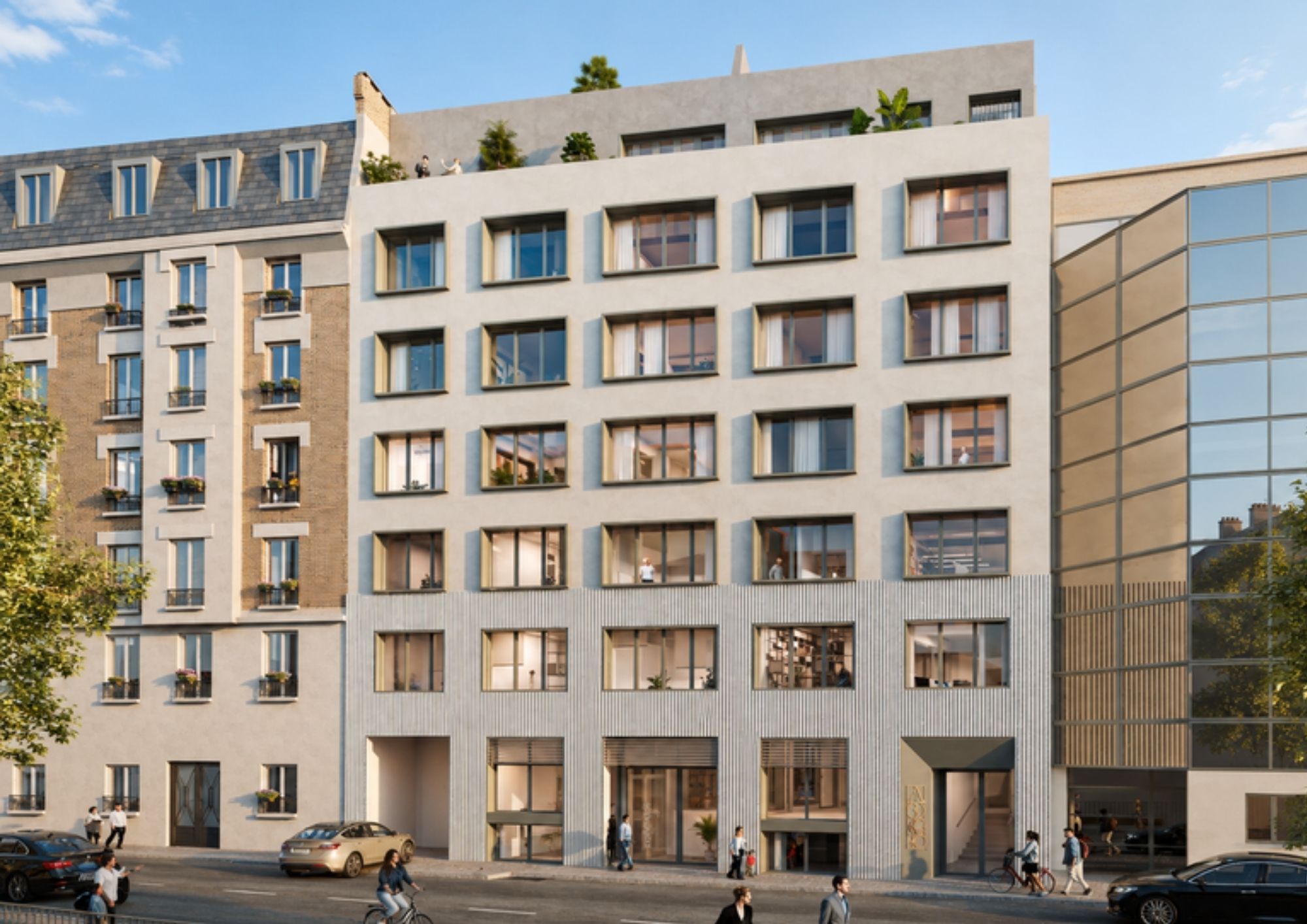 Perspective architecturale du programme Faubourg 45 à Boulogne-Billancourt, un immeuble réhabilité et surélevé accueillant des appartements et des bureaux.