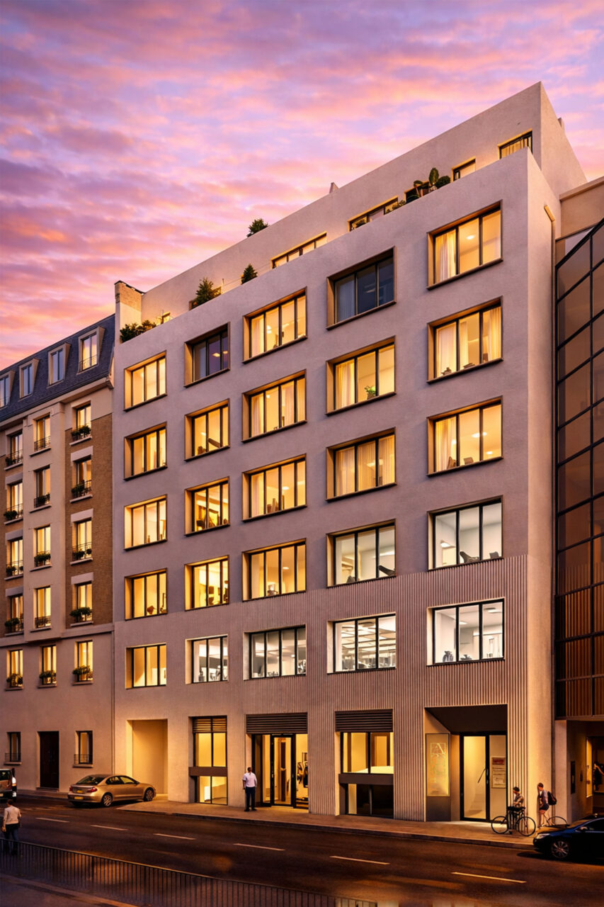 Façade de la résidence Faubourg 45 à Boulogne-Billancourt vue de nuit