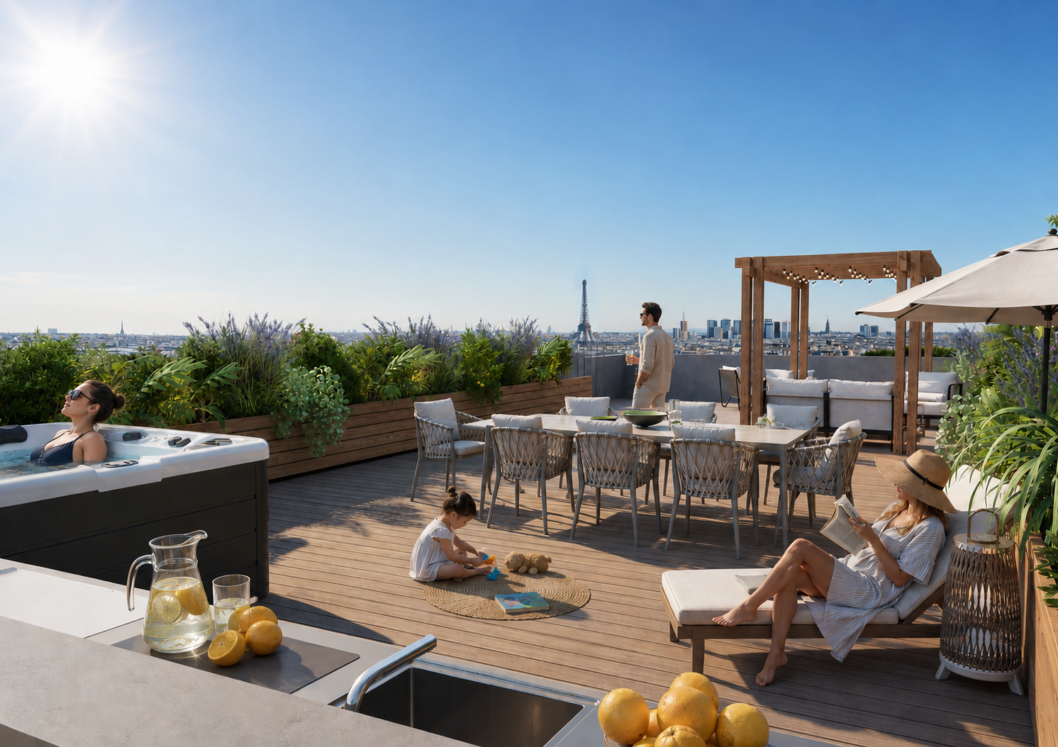 Terrasse rooftop de la résidence Faubourg 45 à Boulogne-Billancourt avec vue sur Paris